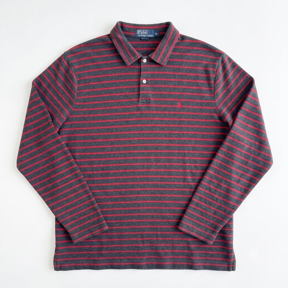 POLO Ralph Lauren Long Sleeve Waffle Knit Polo Shirt Gray Red Stripe Mens XL